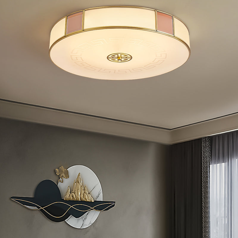 Traditional Chinese Round Glass Iron Copper LED Flush Mount Ceiling Light For Bedroom