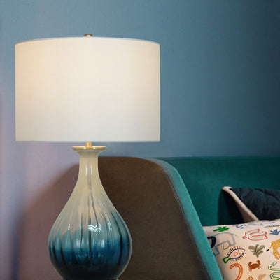 Modern Minimalist Blue Gradient Glass Vase Fabric 1-Light Table Lamp For Bedroom
