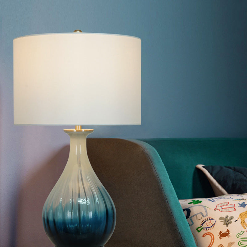 Modern Minimalist Blue Gradient Glass Vase Fabric 1-Light Table Lamp For Bedroom