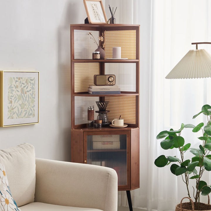 Bibliothèque traditionnelle vintage en bambou, panneau de fibres à densité moyenne, rotin PE, acrylique, quincaillerie, 1 cabinet et 3 niveaux pour salon 