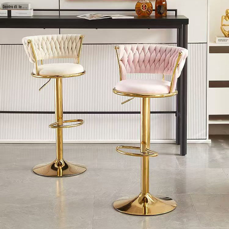 Contemporary Luxury Round Iron Faux Velvet Height Adjustable Bar Stool For Kitchen