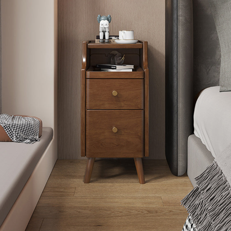 Moderner minimalistischer schmaler rechteckiger Nachttisch aus Holz mit 2 Schubladen für das Schlafzimmer 