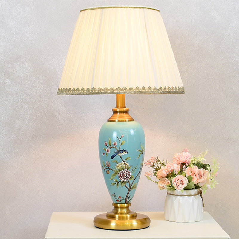 Traditional Chinese Cylindrical Floral And Bird Pattern Metal Ceramic Fabric 1-Light Table Lamp For Bedroom