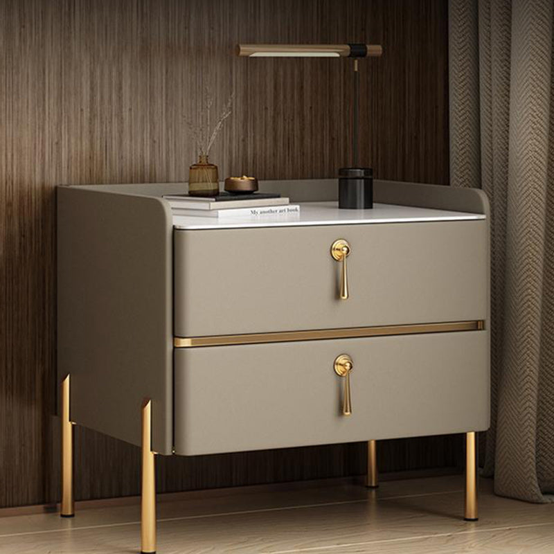 Table de chevet moderne en cuir avec 2 tiroirs rectangulaire en bois massif pour chambre 