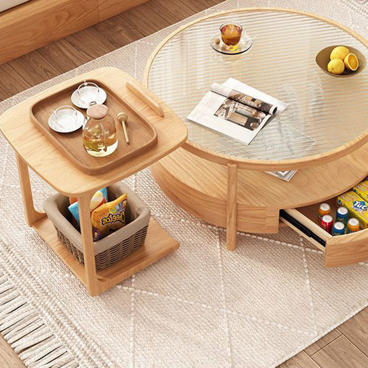 Zeitgenössischer japanischer quadratischer runder Glas-Holz-Beistelltisch 2-stufig für das Wohnzimmer 