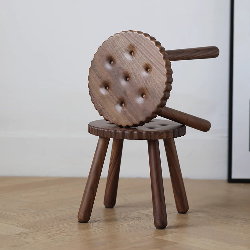 Contemporary Creative Round Cookie-Shaped Black Walnut Solid Wood Kids Low Stool For Living Room