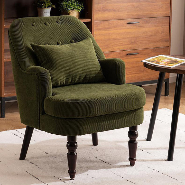 Chaise d'appoint traditionnelle vintage en velours côtelé carré avec dossier et accoudoirs en bois de caoutchouc pour salon 