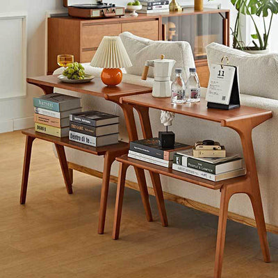 Table d'appoint rectangulaire contemporaine en bois de hêtre et caoutchouc à 2 niveaux pour salon 