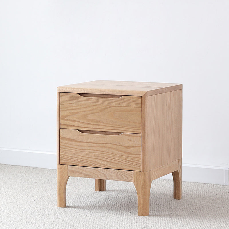 Contemporary Scandinavian Square Solid Oak Wooden Nightstand With 2-Drawer For Bedroom