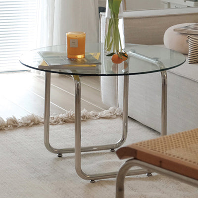 Modern Minimalist Round Glass Stainless Steel Coffee Table 1-Tier For Living Room
