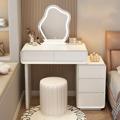 Modern Minimalist Rectangular Cat's Paw Leather Solid Wood Glass Makeup Vanity 5-Drawer For Bedroom