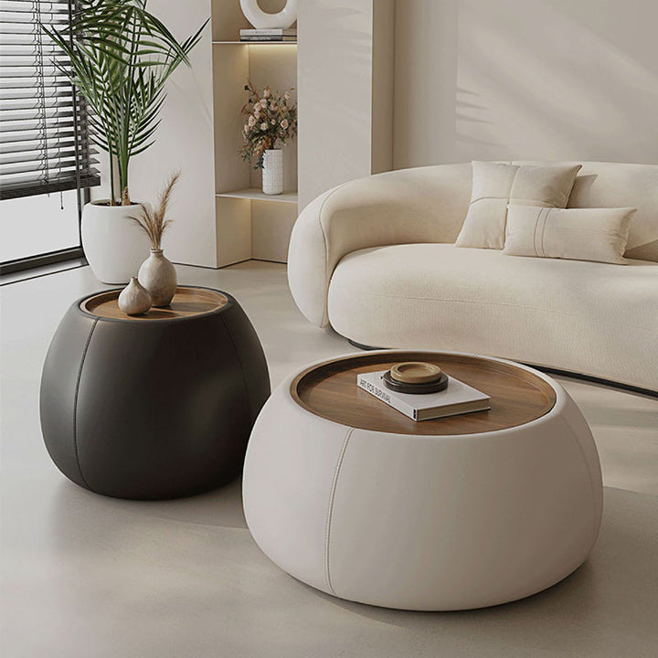 Zeitgenössischer nordischer runder Zylinder Couchtisch aus Walnussholz mit Mikrofaserleder 1-Speicher für das Wohnzimmer 