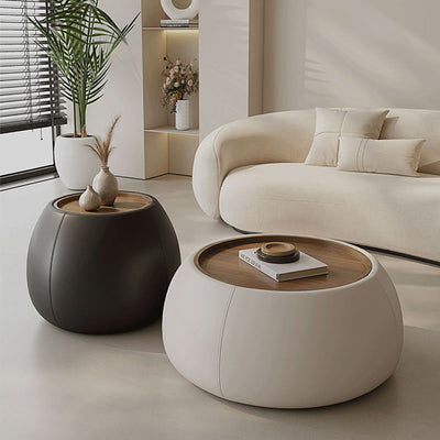 Contemporary Nordic Round Cylinder Walnut Wood Microfiber Leather Coffee Table 1-Storage For Living Room