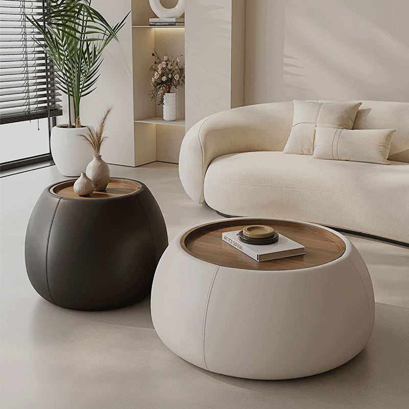 Contemporary Nordic Round Cylinder Walnut Wood Microfiber Leather Coffee Table 1-Storage For Living Room