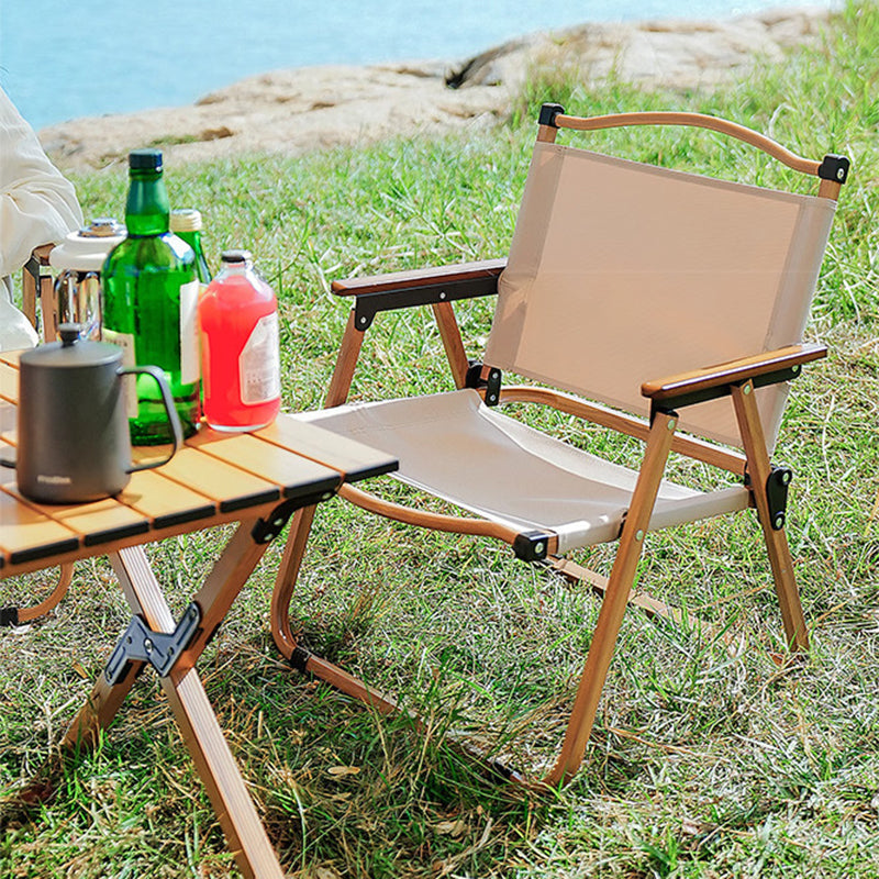 Modern Minimalist Square Fabric Carbon Steel Beech Wood Backrest Armrest Folding Chair For Outdoor