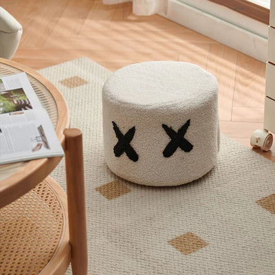 Modern Minimalist Round Lamb Fleece Pine Wood Cotton Fabric Removable Cartoon Low Stool For Living Room