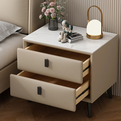 Modern Minimalist Rectangular Stone Slab Cat's Paw Leather Solid Wood Carbon Steel Nightstand 2 -Drawer For Bedroom