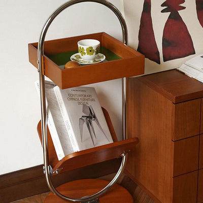 Table d'appoint contemporaine rétro carrée à base ronde en bois de cerisier et acier inoxydable à 2 niveaux pour salon 