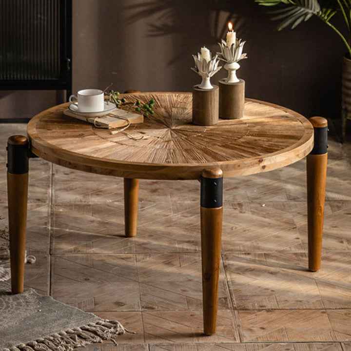 Table basse rustique traditionnelle ronde en bois de sapin et fer, 1 niveau, pour salon 