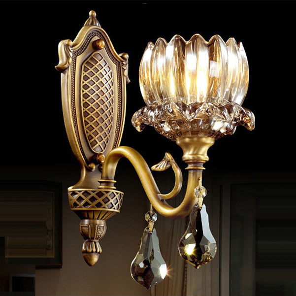 Traditional European Brass Crystal Floral 1/2 Light Wall Sconce Lamp For Bedroom & Living Room