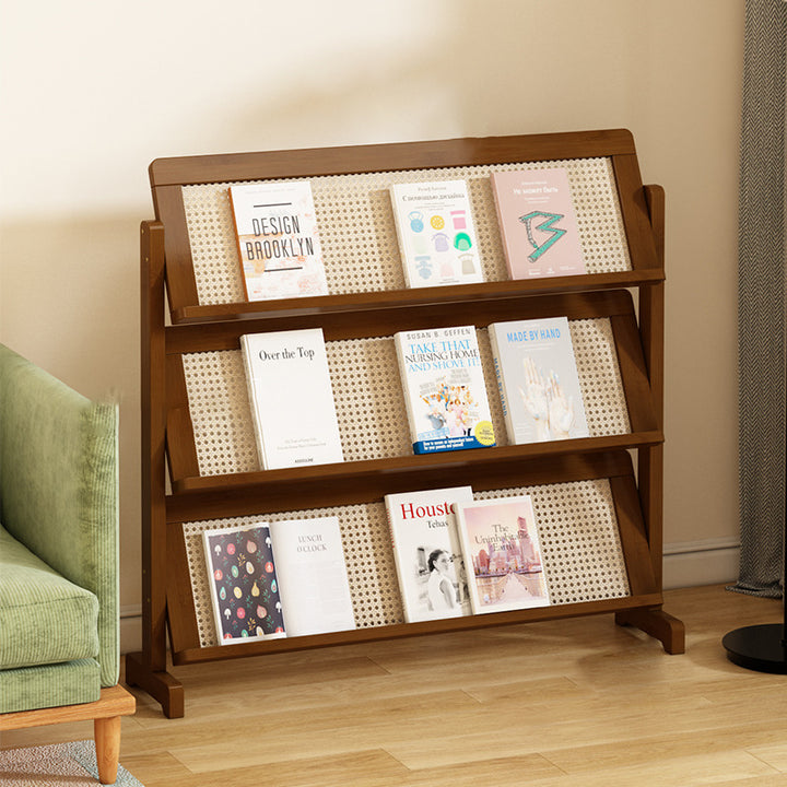 Zeitgenössische schlichte quadratische schräge Bücherregal aus synthetischem Rattan mit Bambusflechtung, 3-stufig, für das Wohnzimmer 