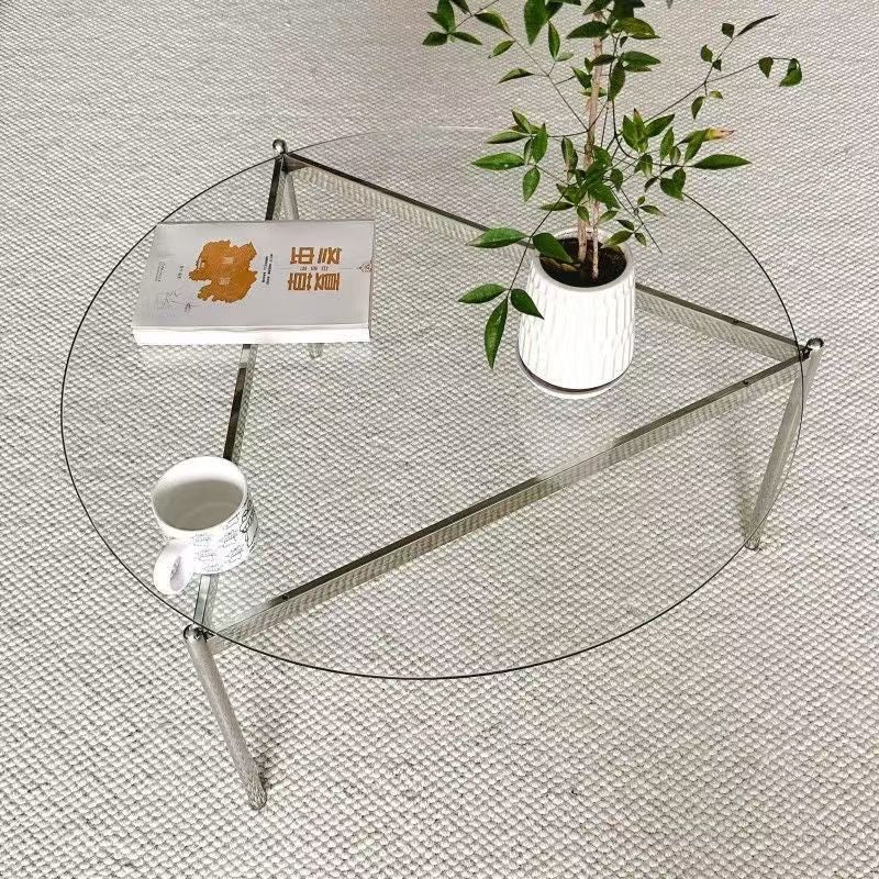 Modern Minimalist Round Triangle Tempered Glass Stainless Steel Coffee Table 1-Tier For Living Room