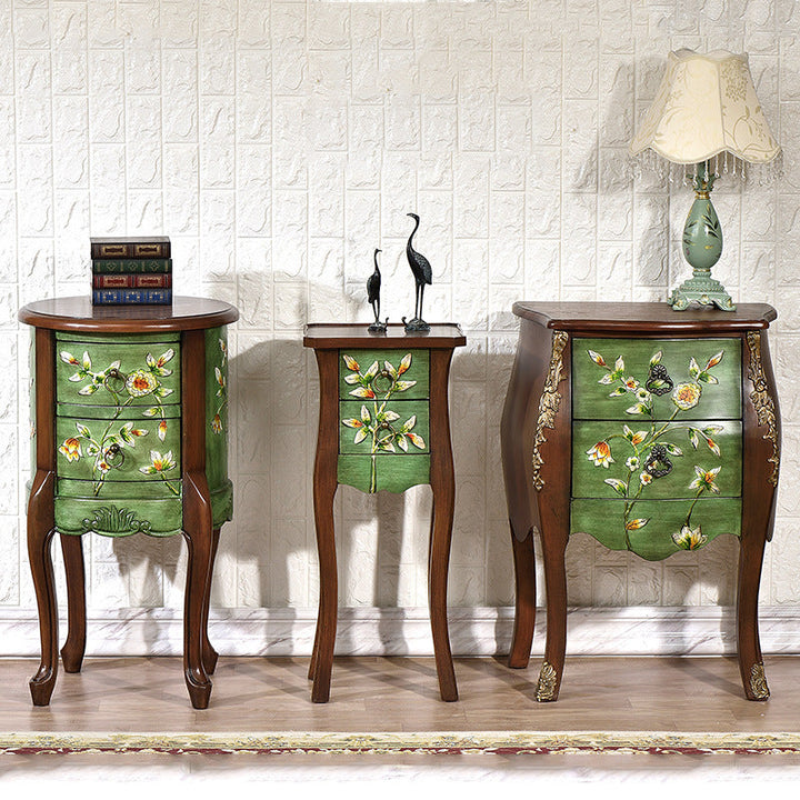 Traditioneller europäischer quadratischer runder Blumen bemalter Birken-Gummi-Holz-MDF-Metall-Beistelltisch mit 2 Schubladen für das Wohnzimmer 