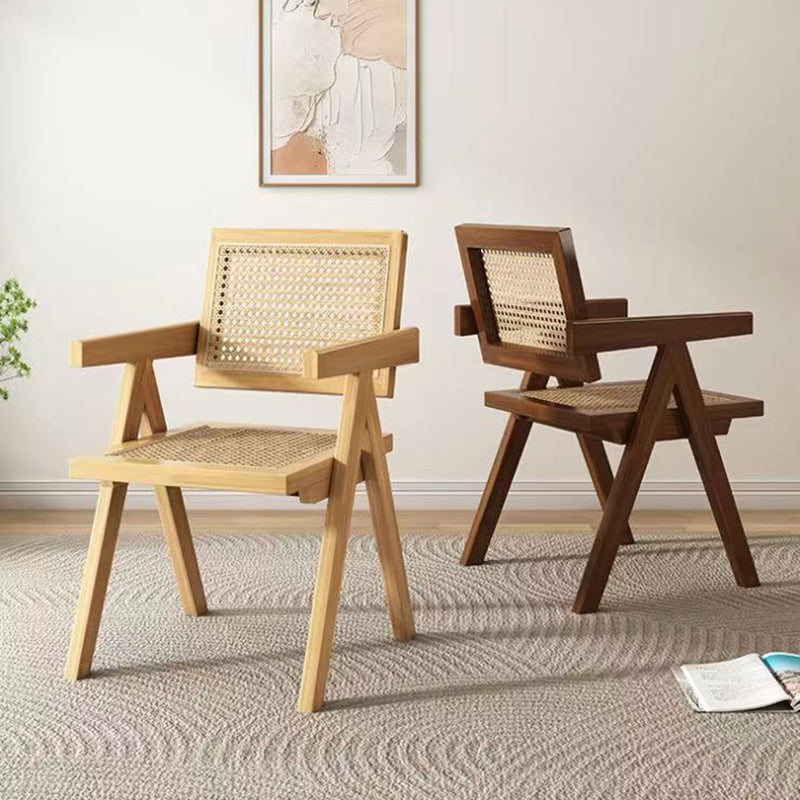 Traditional Rustic Rectangular Triangular Rattan Solid Wood Dining Chair Backrest Armrest For Dining Room