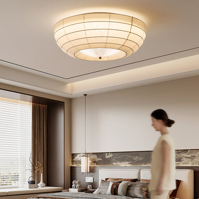 Traditional Japanese Round Hardware Fabric Crystal LED Flush Mount Ceiling Light For Bedroom