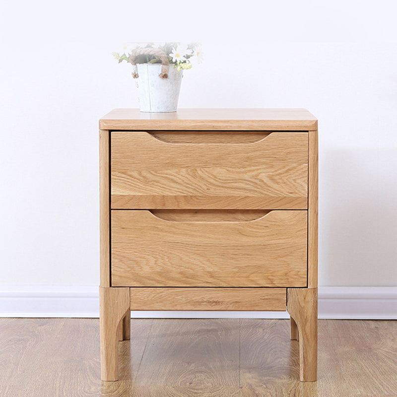 Contemporary Scandinavian Square Solid Oak Wooden Nightstand With 2-Drawer For Bedroom