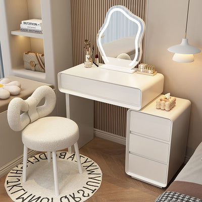 Modern Minimalist Rectangular Cat's Paw Leather Solid Wood Glass Makeup Vanity 5-Drawer For Bedroom