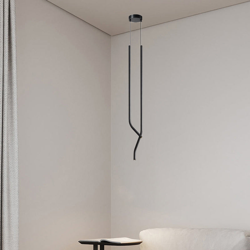 Lámpara colgante LED de tubo fino curvado minimalista moderno de cobre para dormitorio 