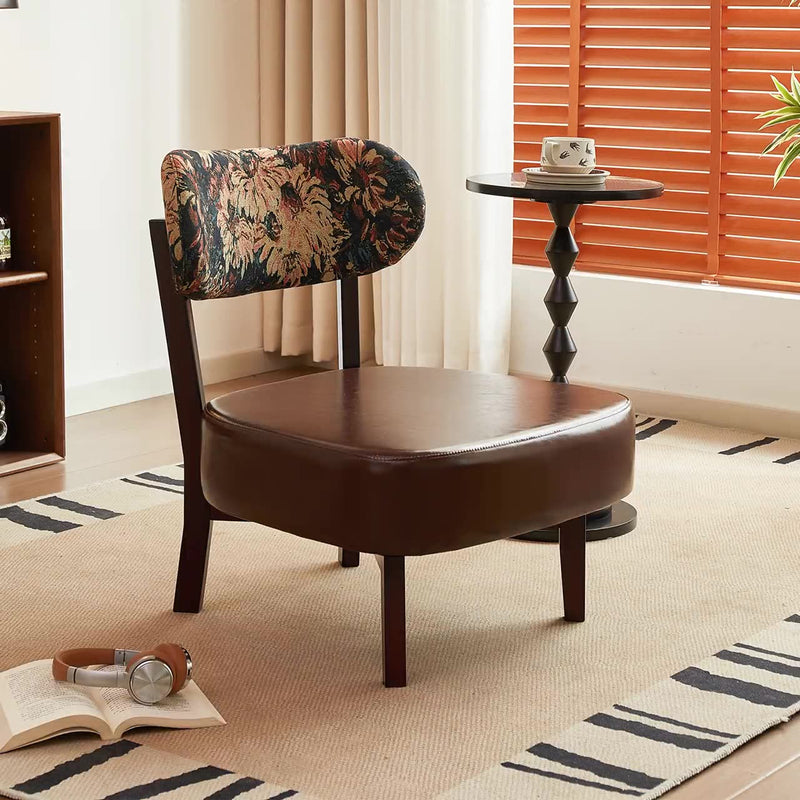 Traditional French Rectangular Cotton-Linen Fabric Oiled Leather Solid Wood Accent Chair Backrest Armless For Living Room