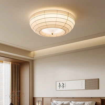 Traditional Japanese Round Hardware Fabric Crystal LED Flush Mount Ceiling Light For Bedroom