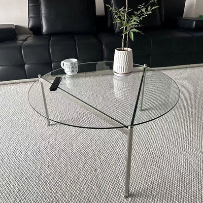 Modern Minimalist Round Triangle Tempered Glass Stainless Steel Coffee Table 1-Tier For Living Room