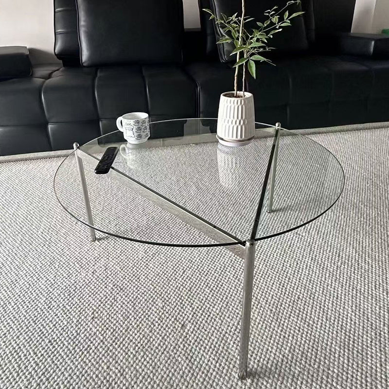 Modern Minimalist Round Triangle Tempered Glass Stainless Steel Coffee Table 1-Tier For Living Room