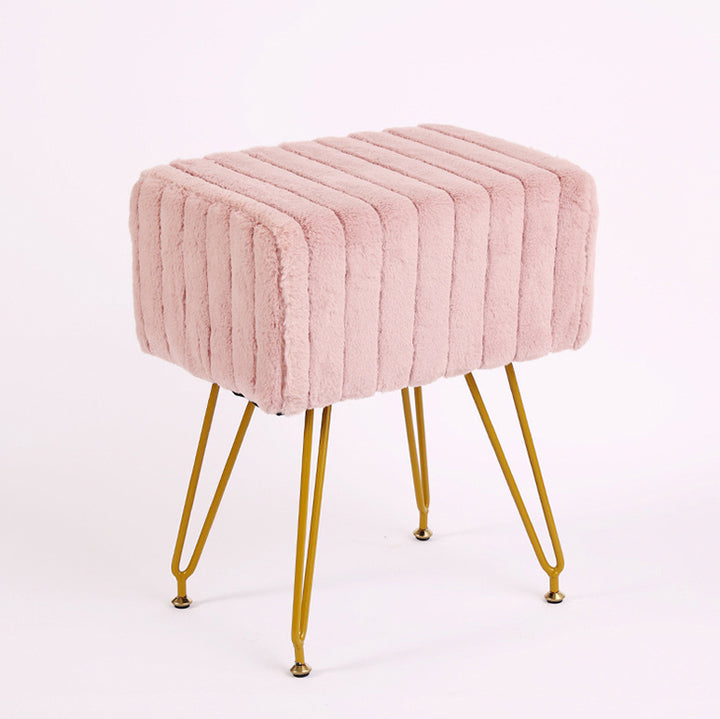Contemporary Scandinavian Square Faux Rabbit Fur Medium Density Fiberboard Steel Organizer Vanity Stool For Bedroom