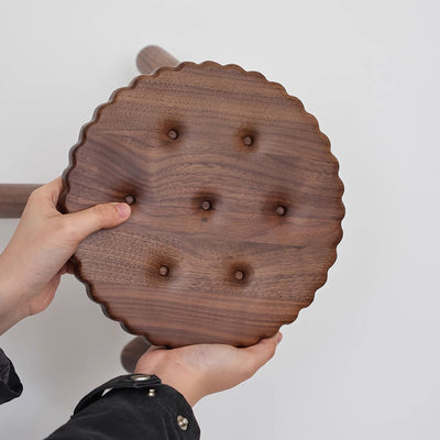 Contemporary Creative Round Cookie-Shaped Black Walnut Solid Wood Kids Low Stool For Living Room