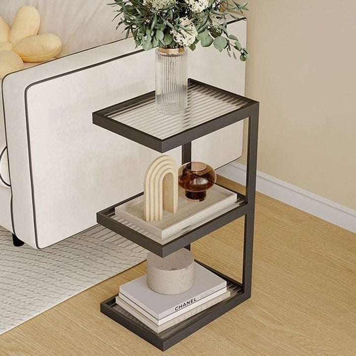 Mesa Auxiliar de Hierro y Vidrio con Rayas Rectangulares Minimalistas Modernas de 3/4 Niveles para Sala de Estar 