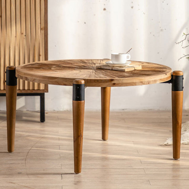 Table basse rustique traditionnelle ronde en bois de sapin et fer, 1 niveau, pour salon 