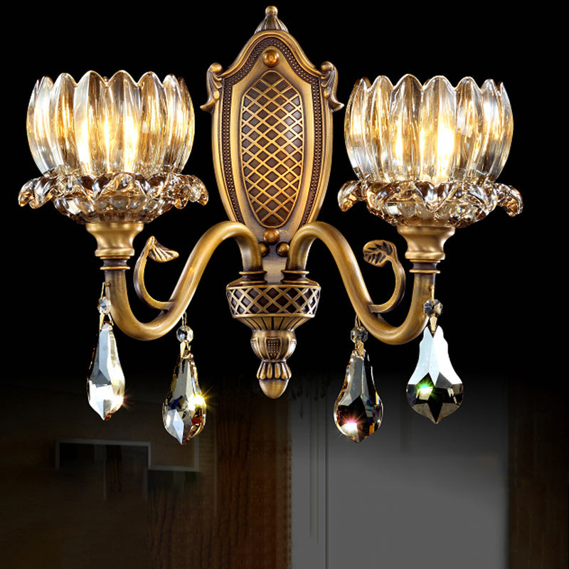 Traditional European Brass Crystal Floral 1/2 Light Wall Sconce Lamp For Bedroom & Living Room