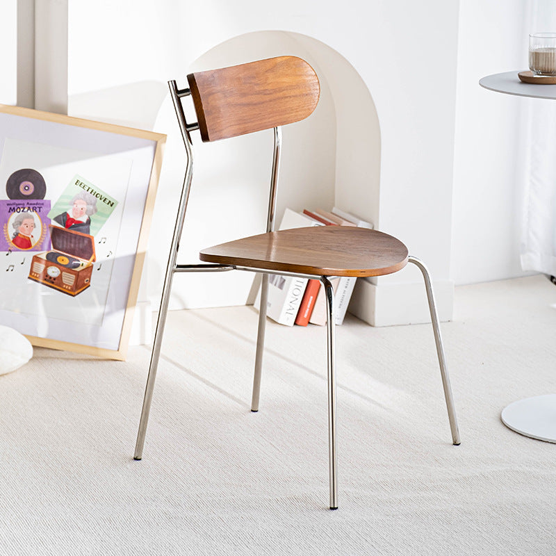 Moderner minimalistischer geschwungener runder Massivholz-Eisen-Kunststoff-Esszimmerstuhl Rückenlehne ohne Armlehnen für Esszimmer 