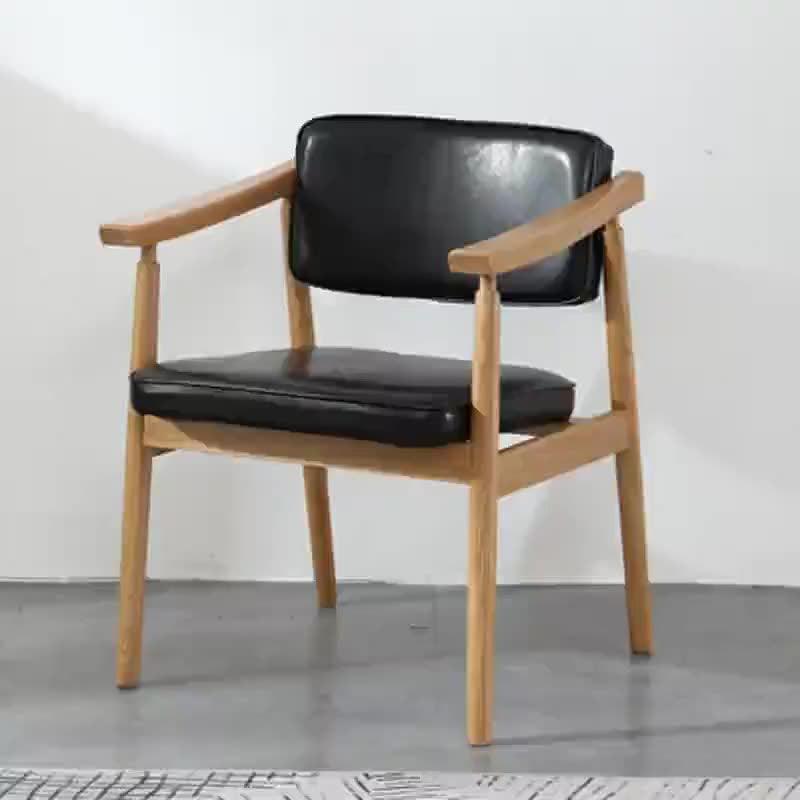 Contemporary Nordic Rectangular PU Leather Oak Dining Chair Backrest Arm For Dining Room