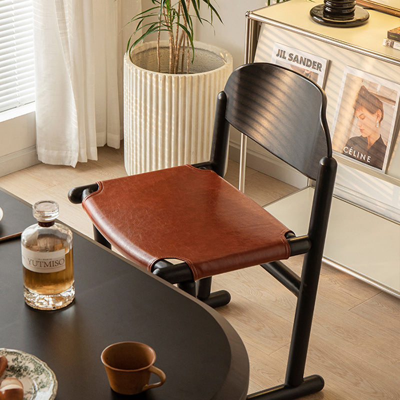 Traditional Vintage Square Oval Oiled Wax Leather Wood Dining Chair Backrest Armless For Dining Room