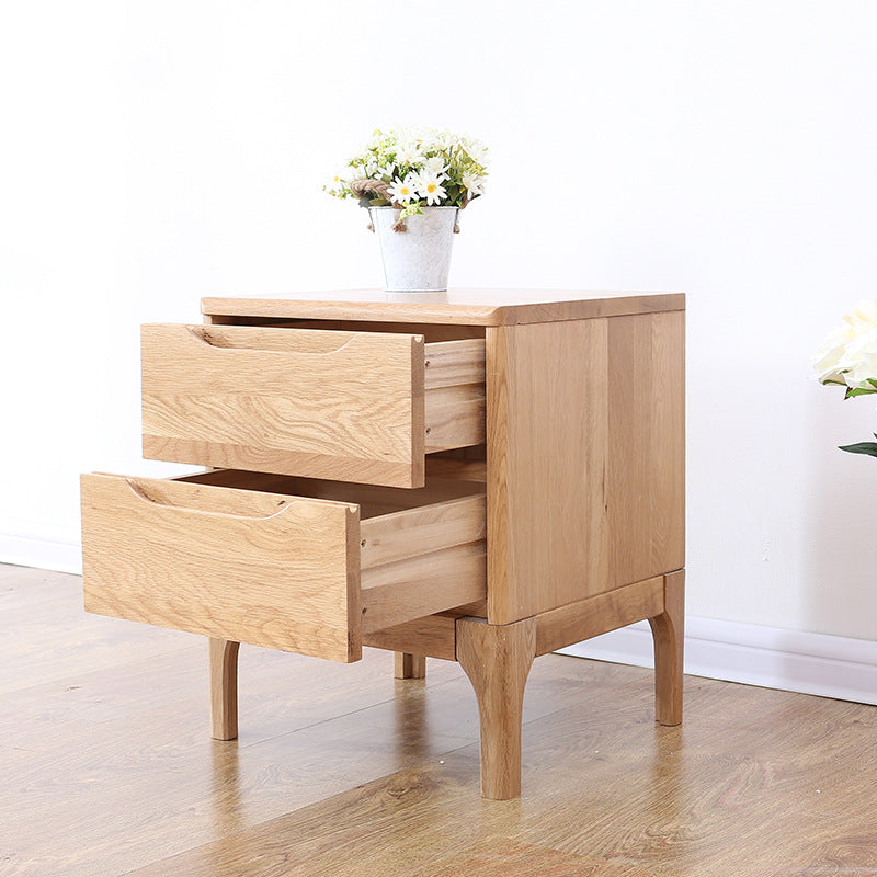 Contemporary Scandinavian Square Solid Oak Wooden Nightstand With 2-Drawer For Bedroom