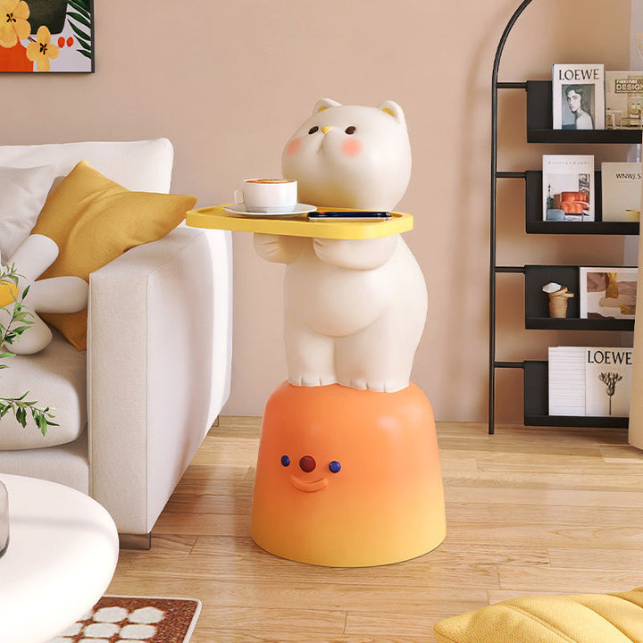Moderner Art Deco Kinder Katzen rechteckiger Harz Metall Holz Beistelltisch 1-Tablett mit LED-Licht für Schlafzimmer 