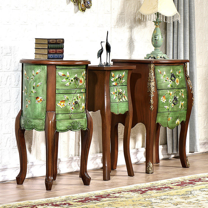 Traditioneller europäischer quadratischer runder Blumen bemalter Birken-Gummi-Holz-MDF-Metall-Beistelltisch mit 2 Schubladen für das Wohnzimmer 