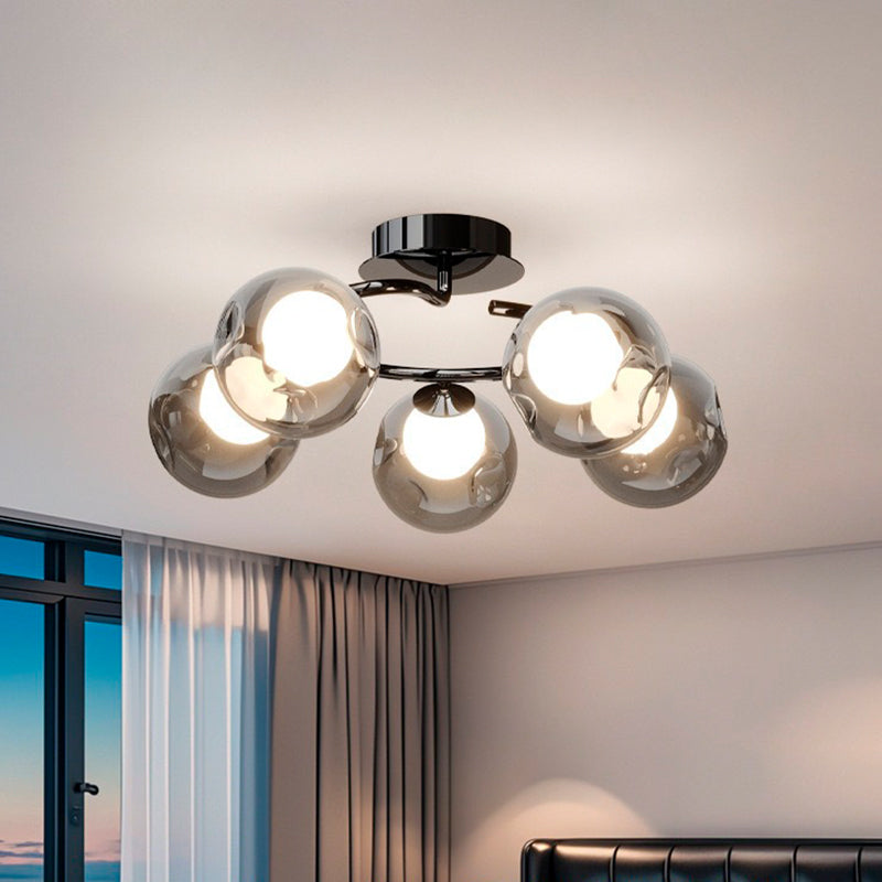 Modern Mid-Century Round Electroplated Glass Stainless Steel Carbon Steel 5-Light Semi-Flush Mount Ceiling Light For Living Room