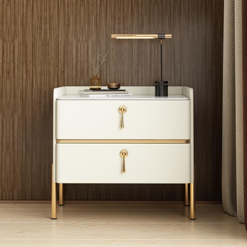 Table de chevet moderne en cuir avec 2 tiroirs rectangulaire en bois massif pour chambre 