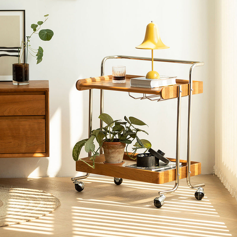 Traditioneller Vintage rechteckiger Massivholz-Edelstahl-Beistelltisch mit 2 Ebenen für das Wohnzimmer 